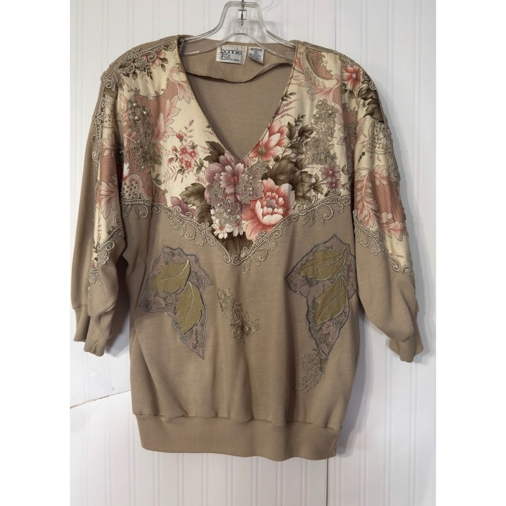 Bonnie and Bill by‎ Holly Vintage Floral Lace Embroidered V-Neck Sweater Small